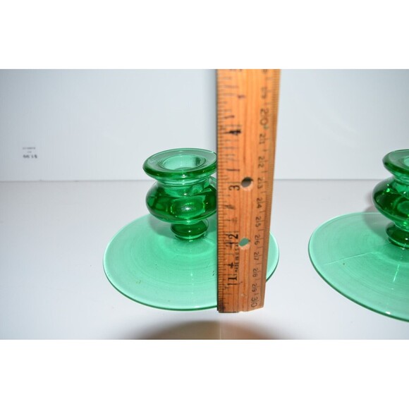 Vtg Pair Uranium Glass Candlestick Holders Green Depression Glass - Picture 5 of 11